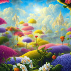 Colorful fantasy landscape with fluffy trees, luminous sky, and distant castle surrounded by lush foliage.