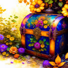 Colorful Ornate Treasure Chest Surrounded by Lush Flowers