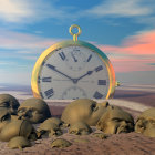 Surreal desert landscape with giant pocket watch and buried human faces