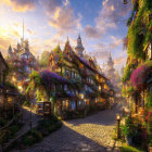 Charming cobblestone street with colorful houses and castle at sunset