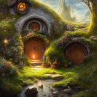 Fantasy Scene: Cozy Hobbit-like Homes in Lush Green Hills