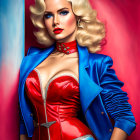 Vintage hairdo woman in red corset & blue jacket on red & blue background