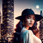 Stylish woman in wide-brimmed hat against cityscape at night