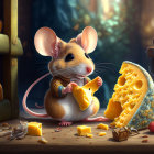 Animated mouse with cheese, berries, nuts in cozy setting