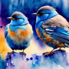 Colorful Watercolor Painting of Two Bluebirds on Branch