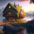 Thatched Roof Cottage by Serene Lake at Sunset