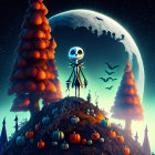 Stylized character with skull-like head on hill with pumpkins, full moon, and bats