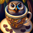 Illustration of owl with expressive eyes in teacup surrounded by leaves