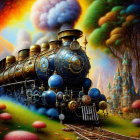 Colorful Steam Locomotive Racing Through Whimsical Landscape