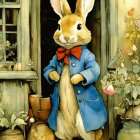 Anthropomorphic rabbit in blue coat by wooden door with flower vines