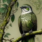 Realistic bird illustration with detailed green plumage on branch.