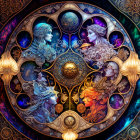 Intricate artwork: Four fantasy figures representing seasons in celestial-themed circular frame