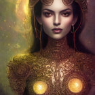 Regal woman in golden armor with elaborate helmet in digital fantasy painting