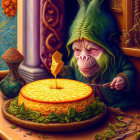 Elderly fantasy creature sampling cheese from a round wheel on wooden table