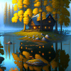 Tranquil autumn lake scene with wooden cabin and misty forest at dusk