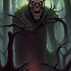 Sinister figure with red eyes in forest, lone figure in eerie setting