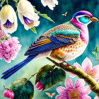 Colorful Bird Illustration with Detailed Feather Patterns on Branch in Floral Setting