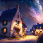 Quaint village street at night: cobblestones, thatched roofs, and star-filled sky