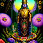 Vibrant deity illustration with multiple arms and golden headgear