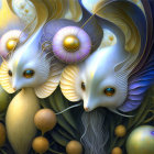 Surreal artwork featuring creature-like figures with pale faces and blue fin-like features on a backdrop of