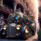 Intricate steampunk vehicle on bustling street