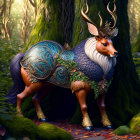 Gold-antlered stag in enchanted forest with armored body