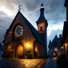 Old Church with Illuminated Rose Window at Dusk in Quaint Village