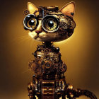 Steampunk-style robotic cat with gears and goggles on golden background