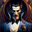 Illustrated noble vampire with horns and red rose in gothic setting