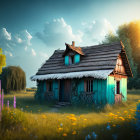 Rustic Cottage with Blue Roof and Turquoise Shutters amid Wildflowers