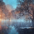 Mystical forest with large trees, mist, water, figure, and bird.