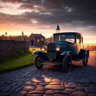 Classic Blue Car Parked on Cobblestone Road at Dusk