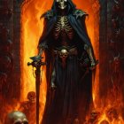 Skeleton figure in black cloak with staff in fiery setting and skulls.