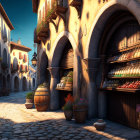 Charming cobblestone street with old-world buildings and sunlit market.