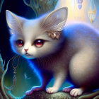 Fantastical kitten digital artwork with glowing eyes and gemstone accessories