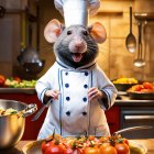 Chef rat showcasing tomato dish in kitchen