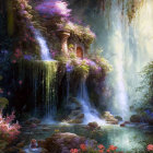 Tranquil forest waterfall with ancient ruins and flowering trees