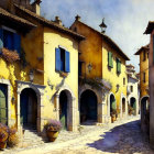 Charming cobblestone street with yellow houses and blue shutters