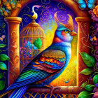 Colorful bird painting with cage, flowers, and starry sky