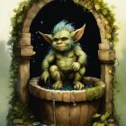 Smiling fantasy creature on old stone well with green vines