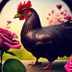 Ornate black rooster with red comb among pink roses in digital artwork