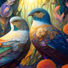 Colorful Illustration of Ornate Birds Amid Intricate Patterns and Floral Backdrop