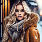 Blonde woman in winter coat with fur collar, snowflakes in hair, blurred lights.