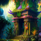 Mystical temple surrounded by lush pink and green foliage