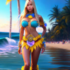 Colorful Bikini-Clad Character on Beach with Palm Trees at Sunset