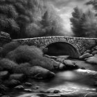 Monochrome photo of stream under stone arch bridge in misty woods