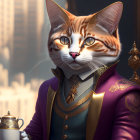 Regal anthropomorphic cat in purple jacket holding teapot against urban backdrop