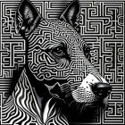 Monochrome graphic illustration of a dog with maze patterns