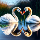 Swans Creating Heart Shape Reflection on Tranquil Water at Dusk