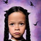 Serious young girl with braided hair in black dress, bats on purple background